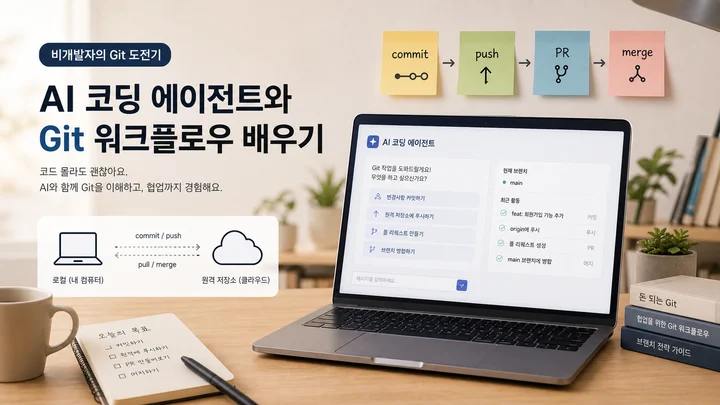 비개발자가 AI 코딩 에이전트와 Git 워크플로우를 배우는 장면