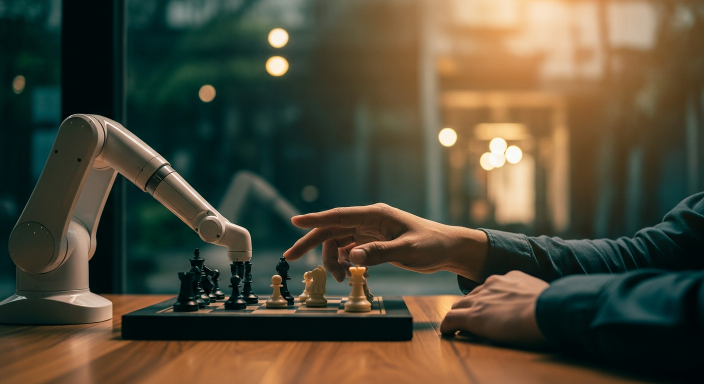 사람 손이 로봇 팔의 체스 한 수를 교정하는 장면 — A2A 시대의 human-in-the-lead를 상징