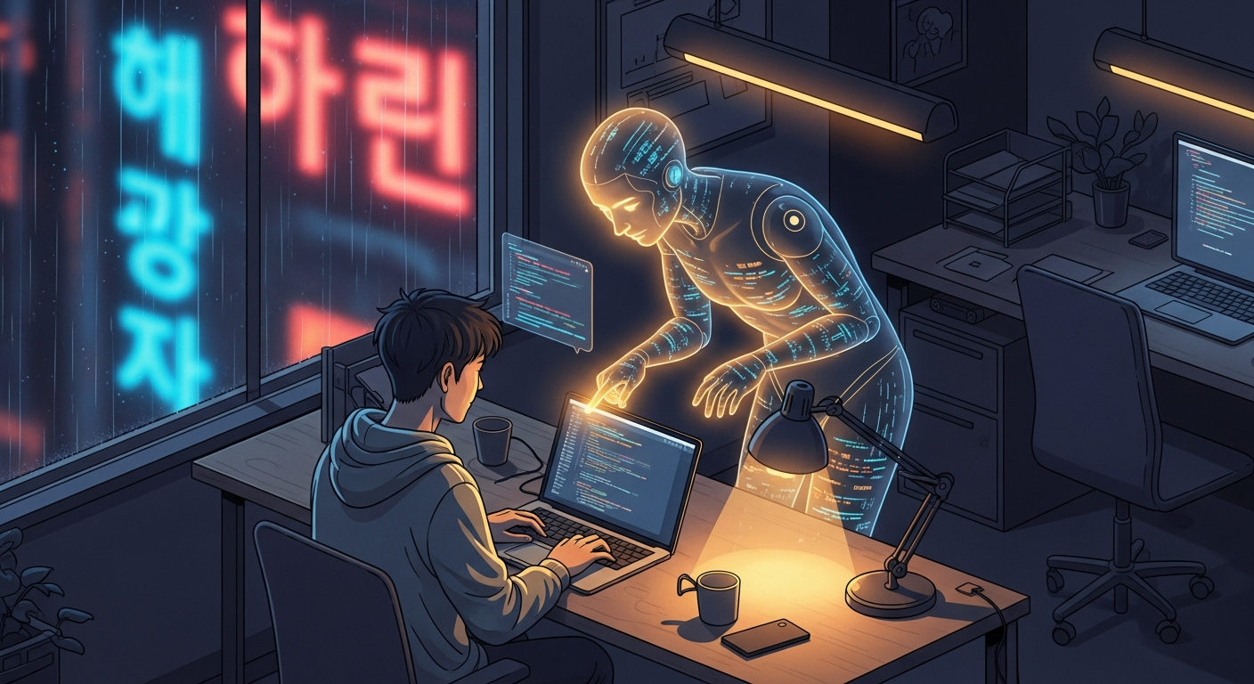 서울 야간 코워킹 공간에서 AI 아바타와 나란히 코드 diff를 리뷰하는 창업자