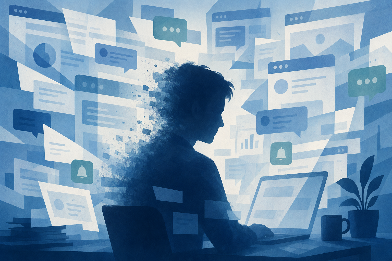 집중이 잘게 쪼개진 노동 풍경 — 도둑맞은 집중력 이미지