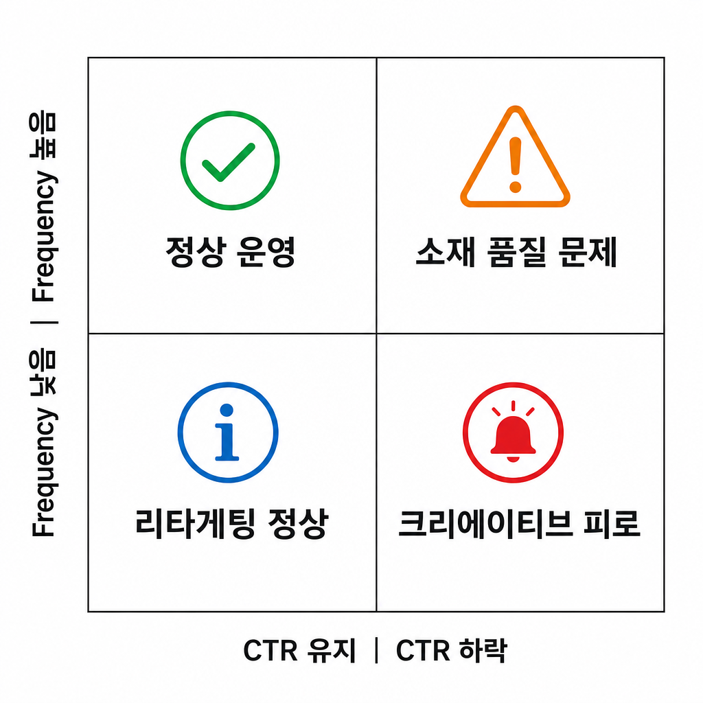 Frequency × CTR 2×2 판단 매트릭스 — 피로 vs 소재 품질 vs 리타게팅 정상 구분