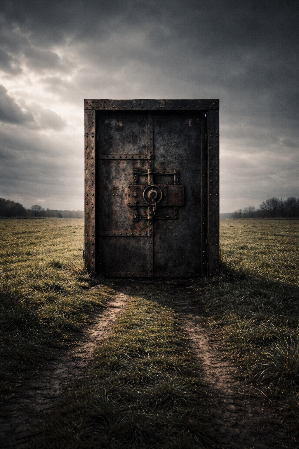 벽 없이 서 있는 잠긴 철문 — 통제의 무의미함을 상징하는 은유