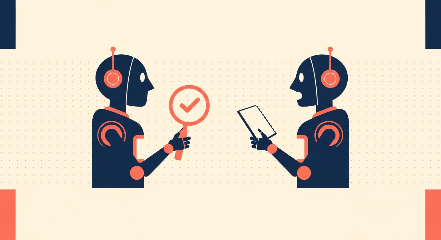 두 로봇이 마주보며 한쪽이 돋보기로 사실 확인 — A2A 시대의 팩트체크