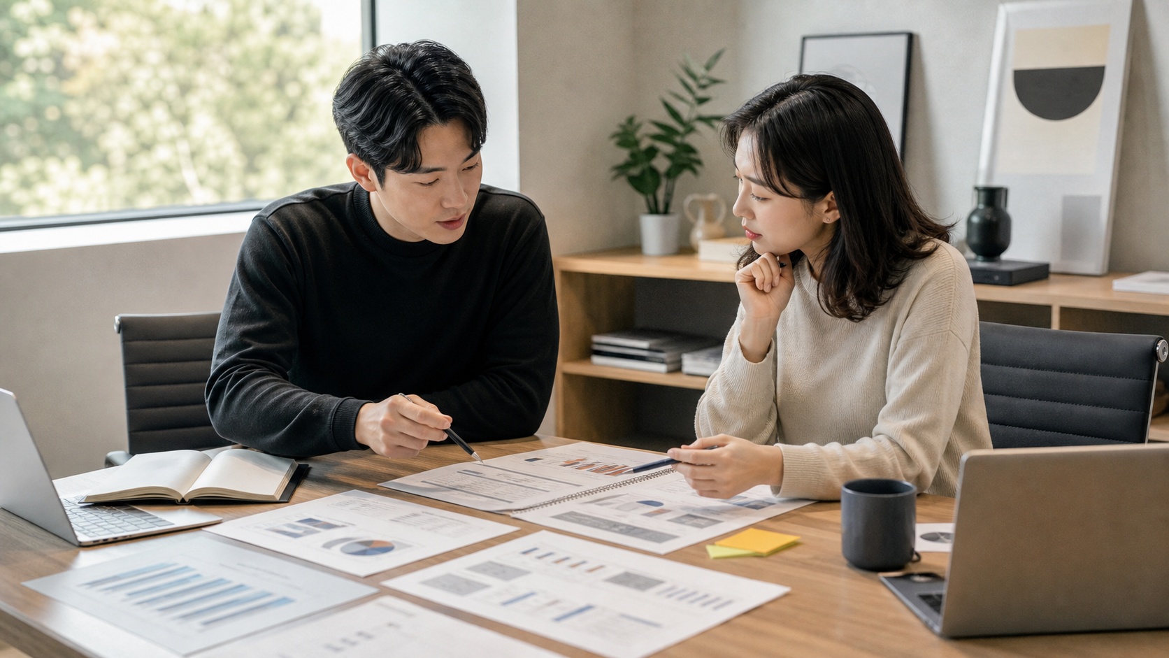 광고주와 대행사가 광고 운영 문서를 함께 검토하는 회의 장면