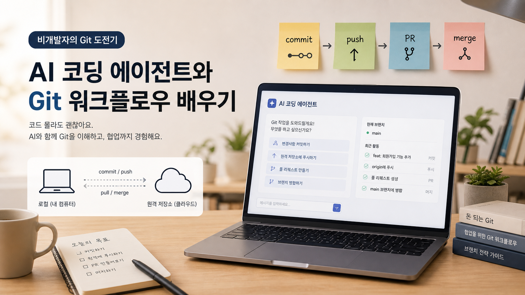 비개발자가 AI 코딩 에이전트와 Git 워크플로우를 배우는 장면