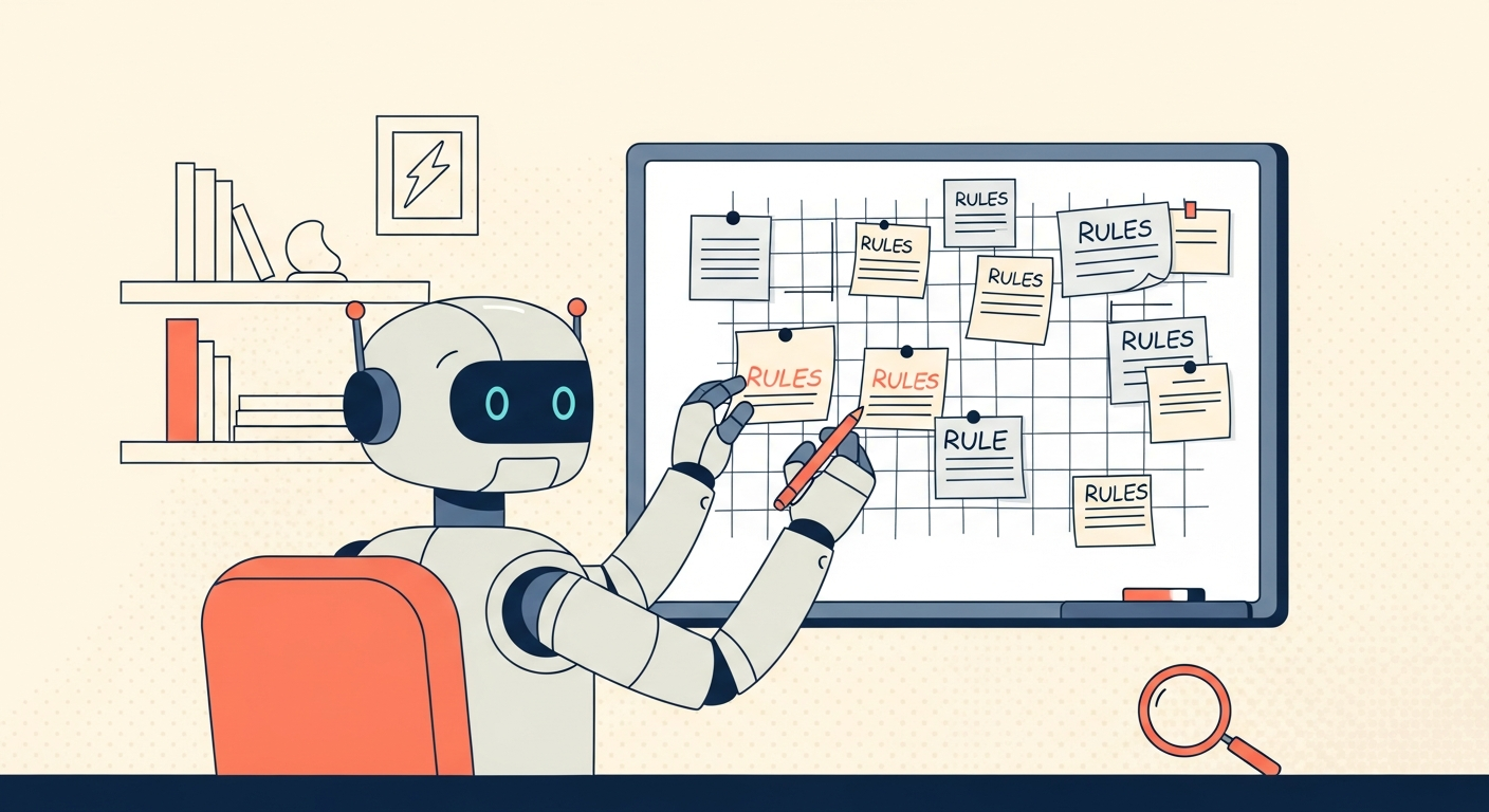 로봇이 자기 화이트보드 규칙을 다시 쓰는 장면 — AI 재발 방지 규칙의 재수정
